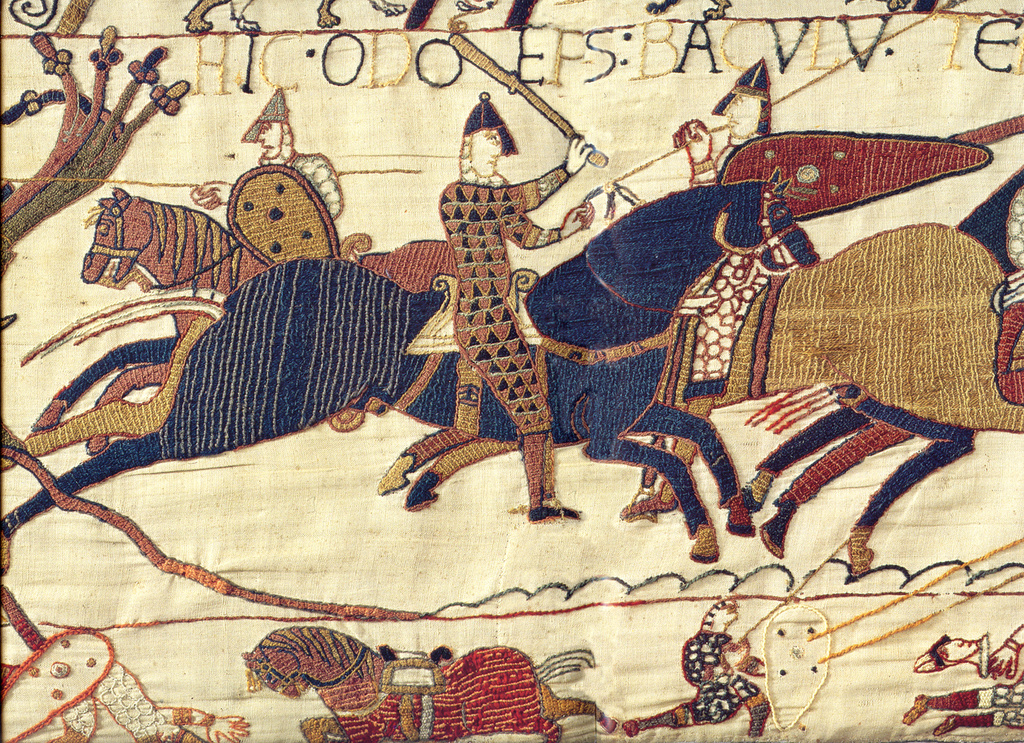 A scene from the Bayeux Tapestry depicting Bishop Odo rallying Duke William's army during the Battle of Hastings in 1066